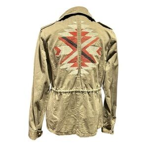 BLU PEPPER Embroidered Aztec Southwestern Military Green Cargo Jacket Small EC